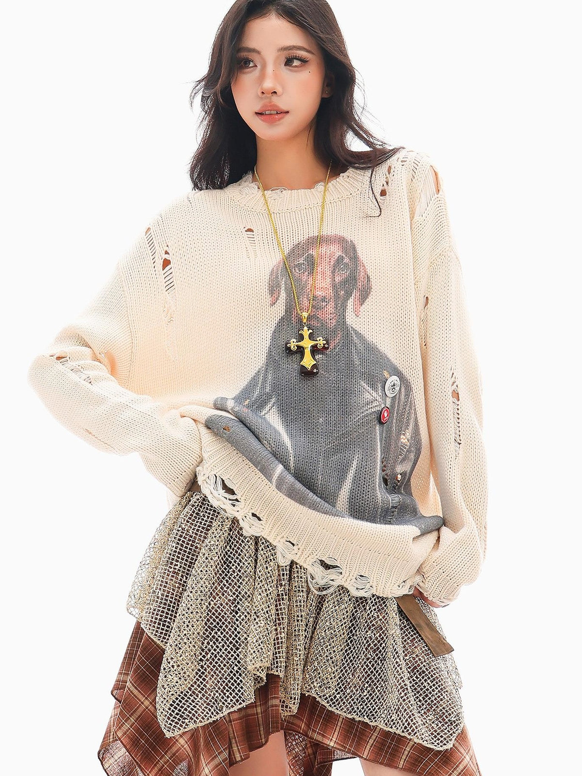 QIUQIU STUDIO Lazy Dog Print Cutout Fringe Distressed Women&
