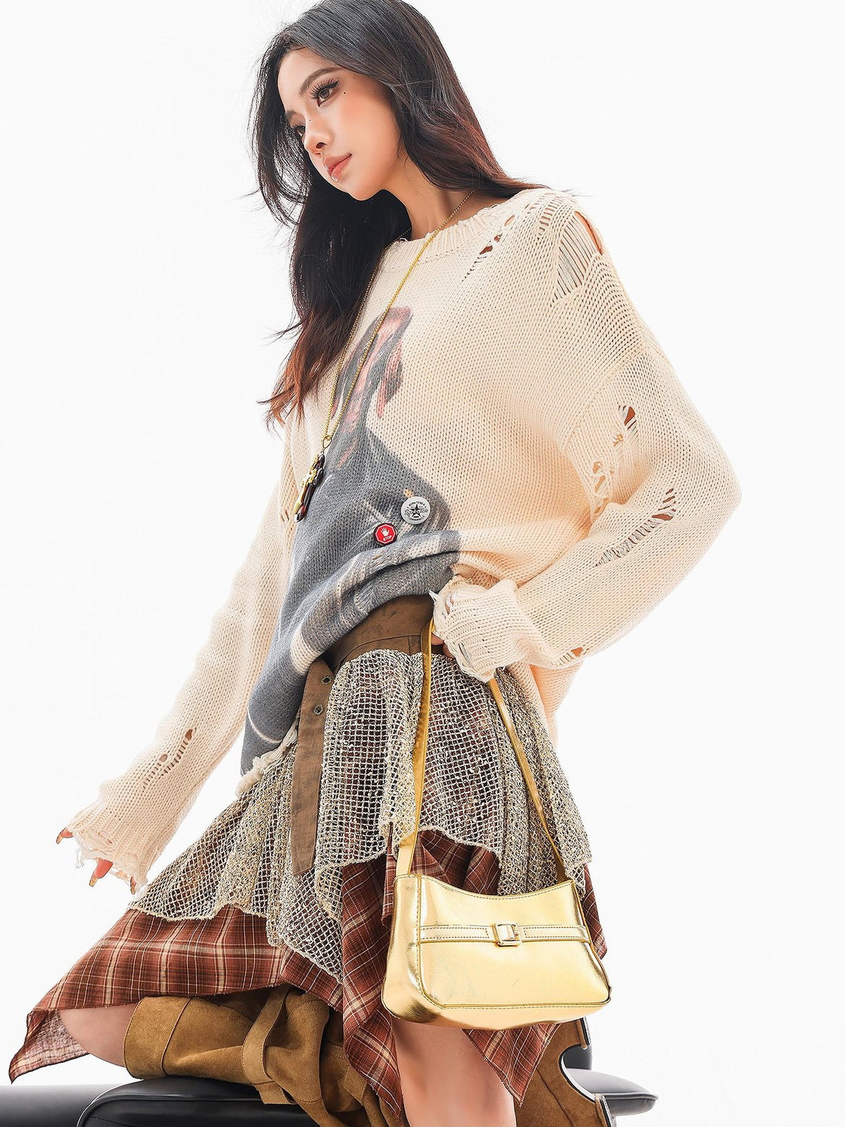 QIUQIU STUDIO Lazy Dog Print Cutout Fringe Distressed Women&