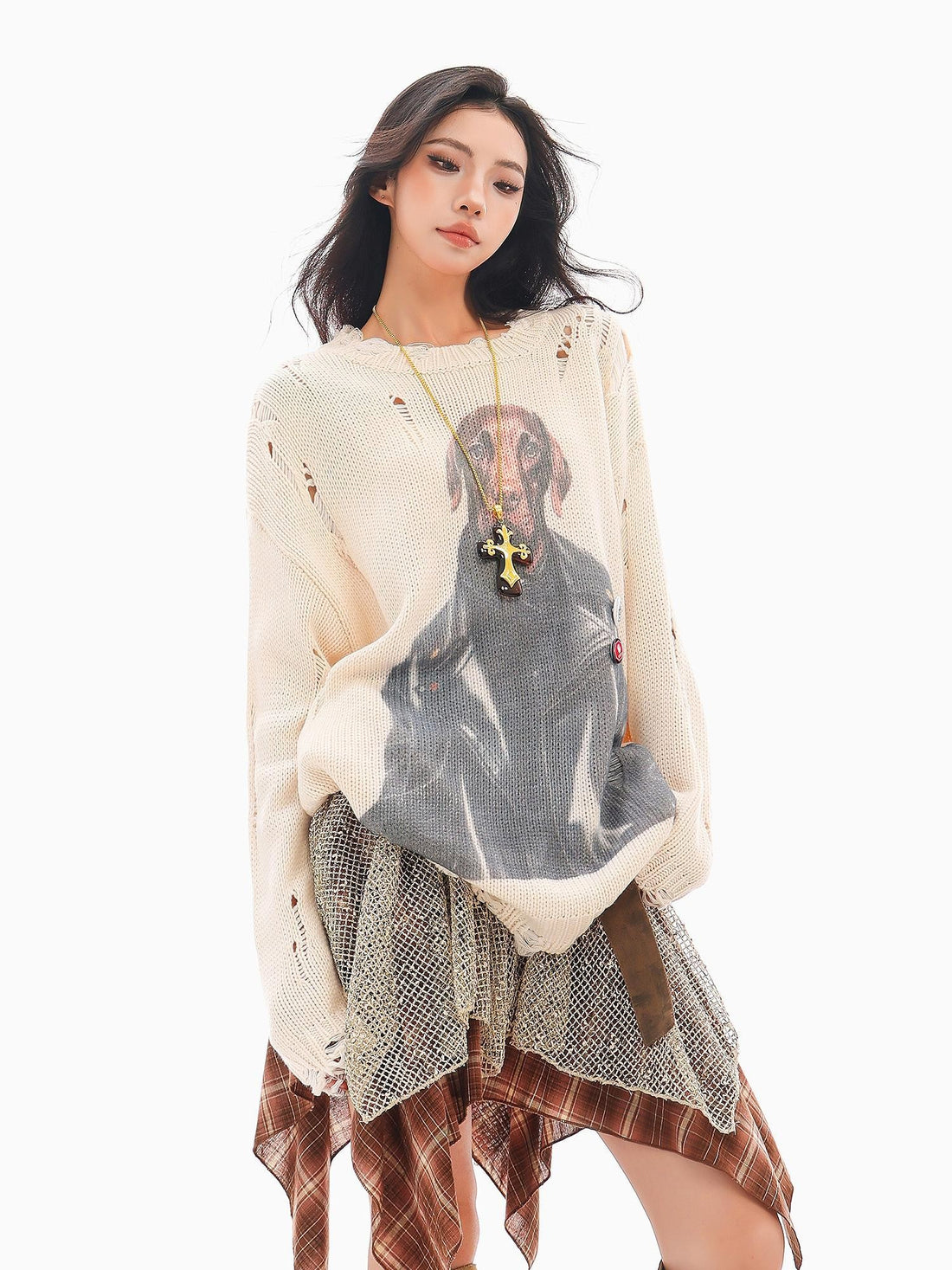 QIUQIU STUDIO Lazy Dog Print Cutout Fringe Distressed Women&