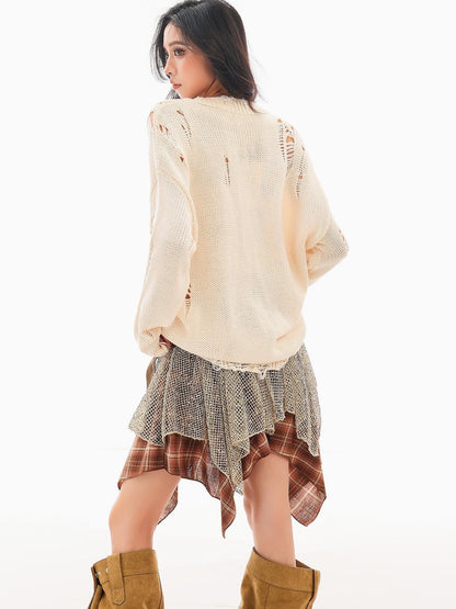 QIUQIU STUDIO Lazy Dog Print Cutout Fringe Distressed Women&