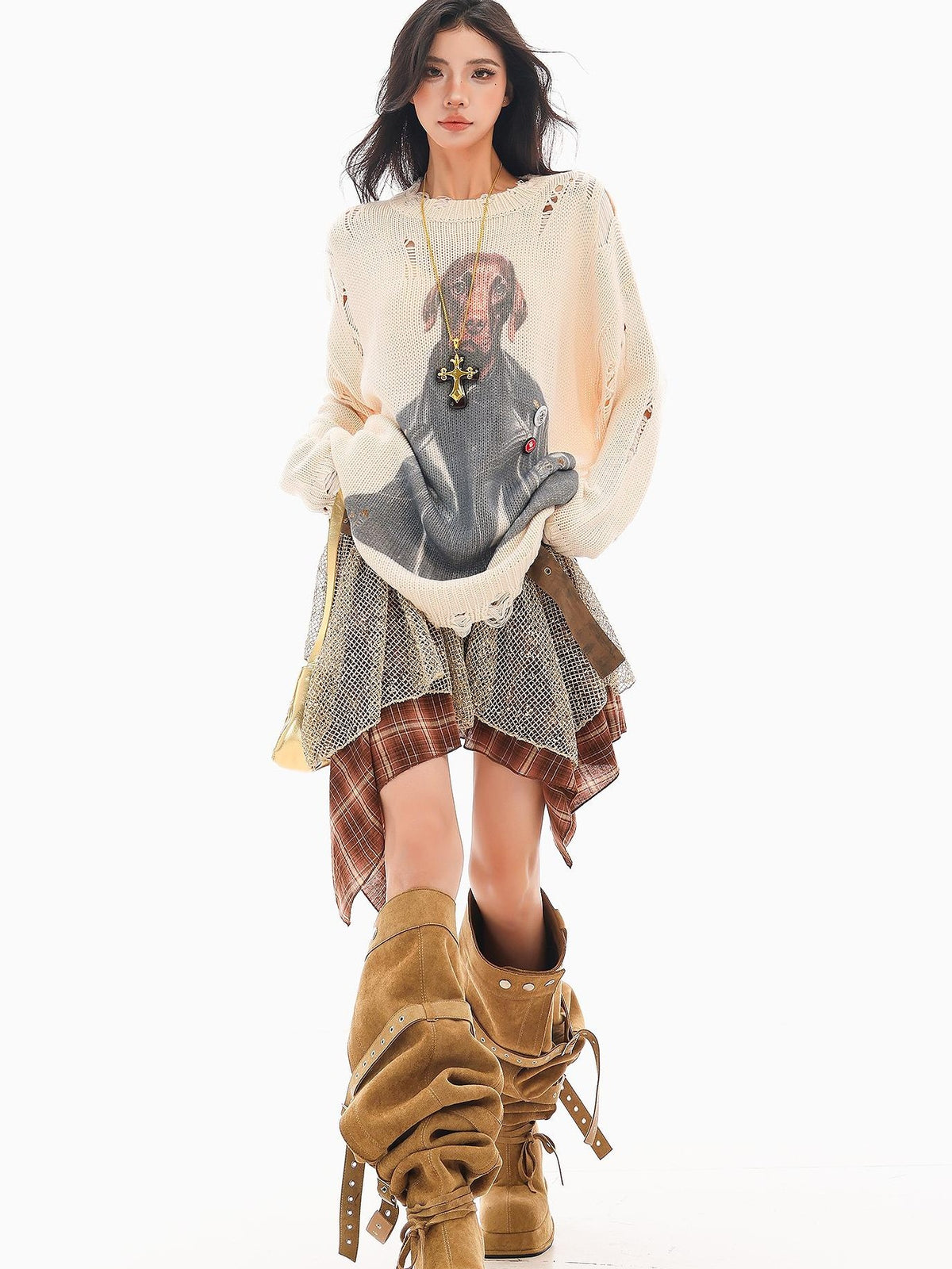 QIUQIU STUDIO Lazy Dog Print Cutout Fringe Distressed Women&