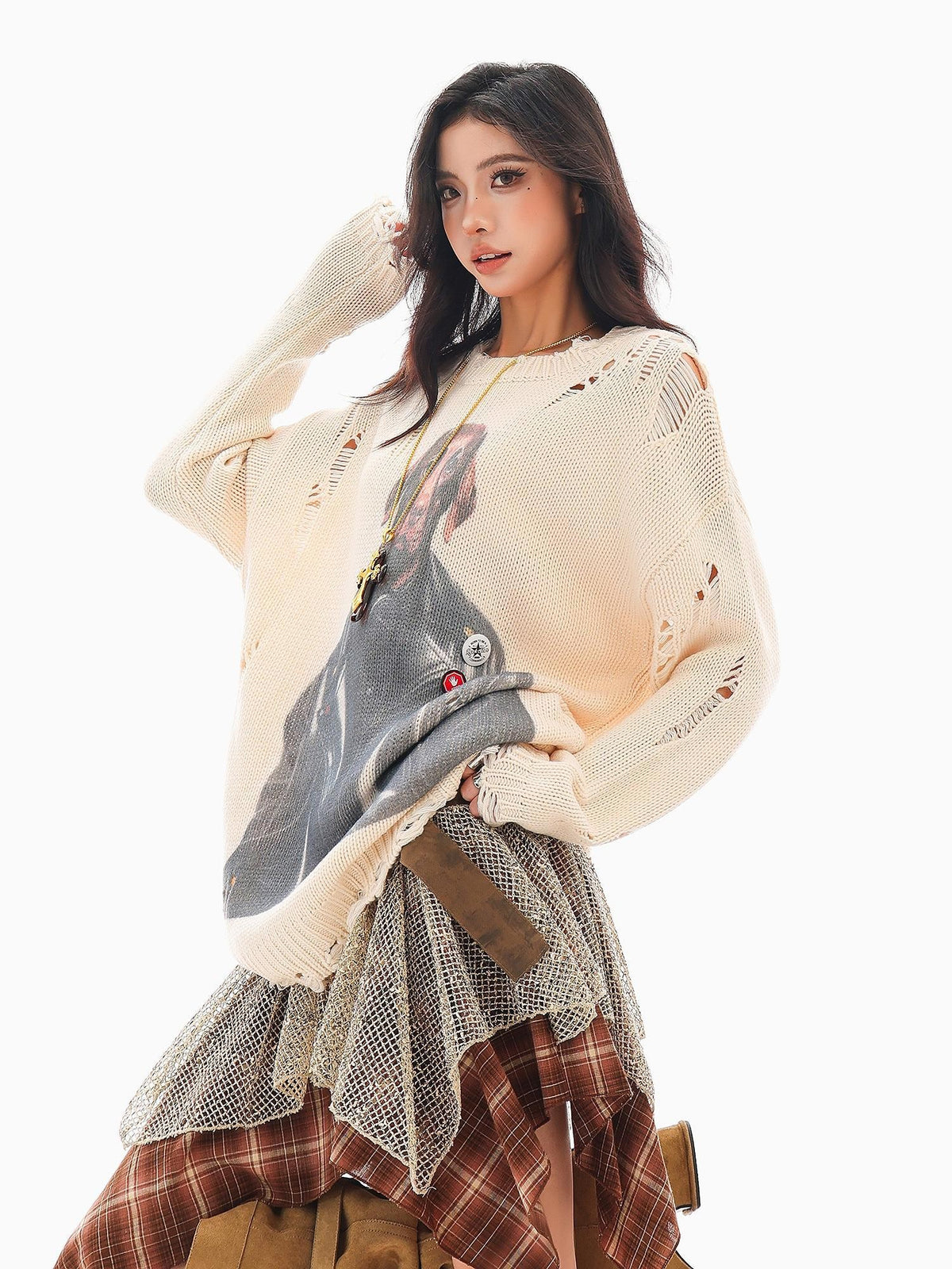 QIUQIU STUDIO Lazy Dog Print Cutout Fringe Distressed Women&