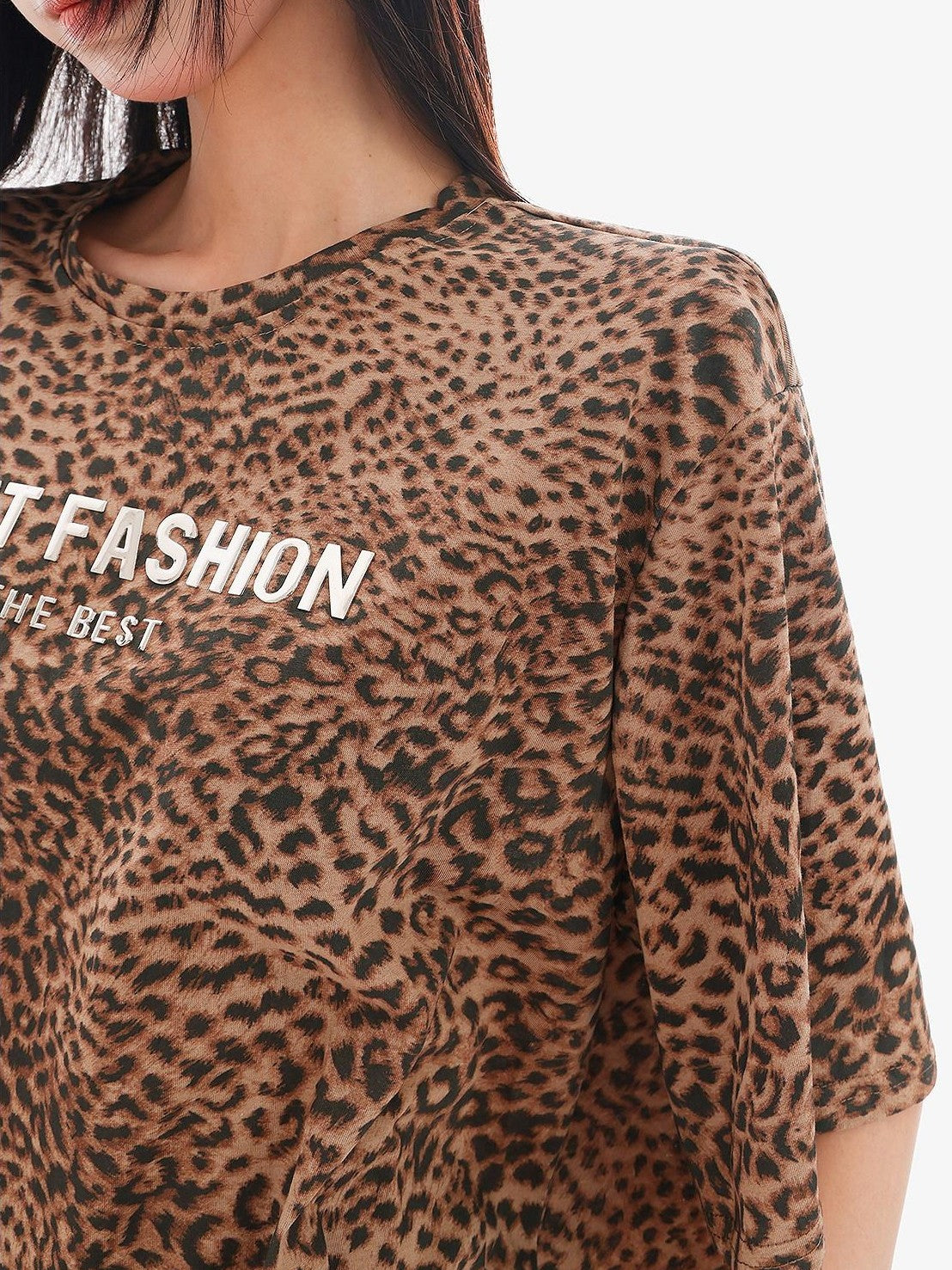 QIUQIU STUDIO Leopard Letter Print Round Neck Women&