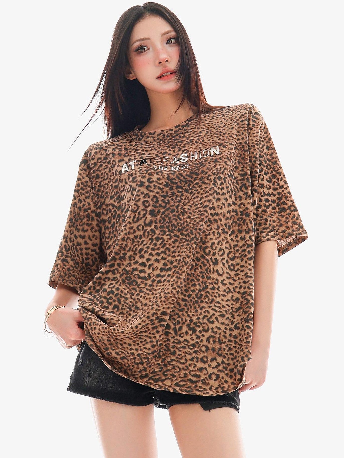 QIUQIU STUDIO Leopard Letter Print Round Neck Women&