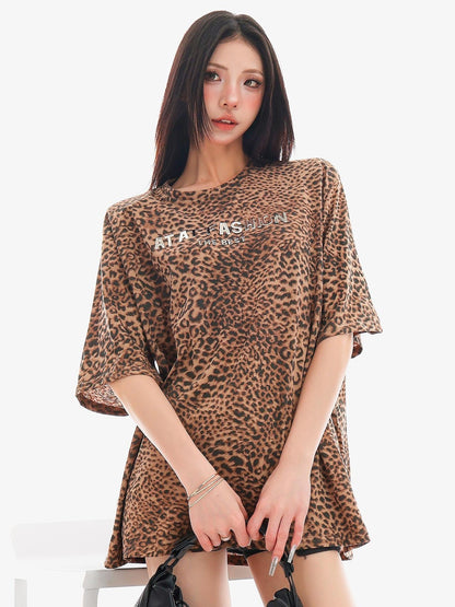 QIUQIU STUDIO Leopard Letter Print Round Neck Women&