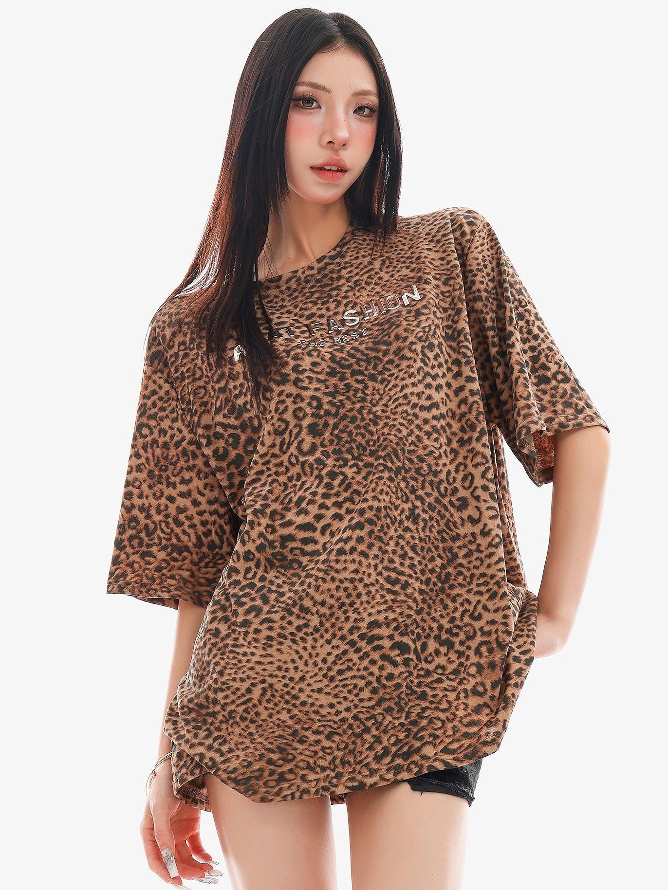 QIUQIU STUDIO Leopard Letter Print Round Neck Women&