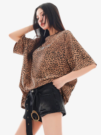 QIUQIU STUDIO Leopard Letter Print Round Neck Women&
