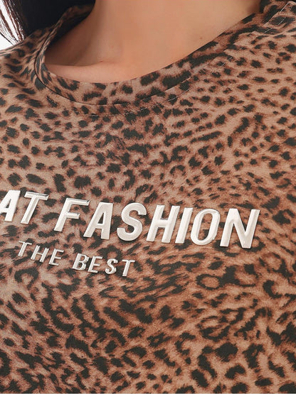QIUQIU STUDIO Leopard Letter Print Round Neck Women&