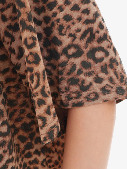 QIUQIU STUDIO Leopard Letter Print Round Neck Women&