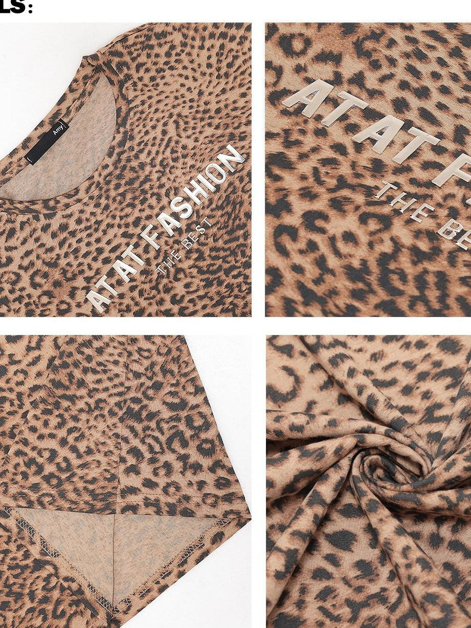 QIUQIU STUDIO Leopard Letter Print Round Neck Women&