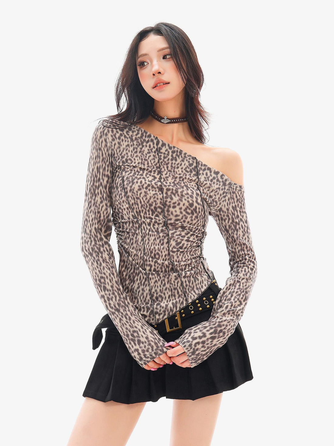 QIUQIU STUDIO Leopard Print Asymmetric Hem One Shoulder Slim Fit Women&