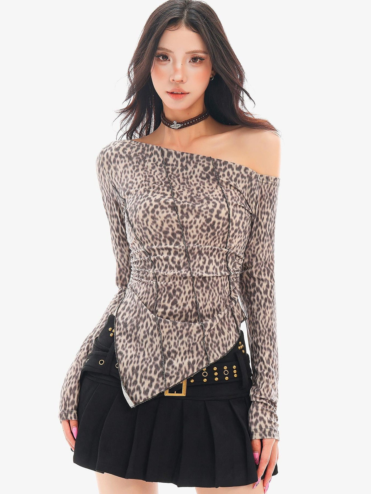 QIUQIU STUDIO Leopard Print Asymmetric Hem One Shoulder Slim Fit Women&