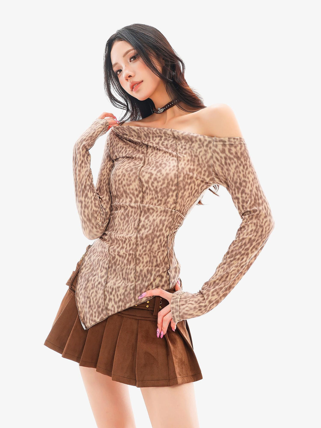 QIUQIU STUDIO Leopard Print Asymmetric Shoulder Slim Fit Women&