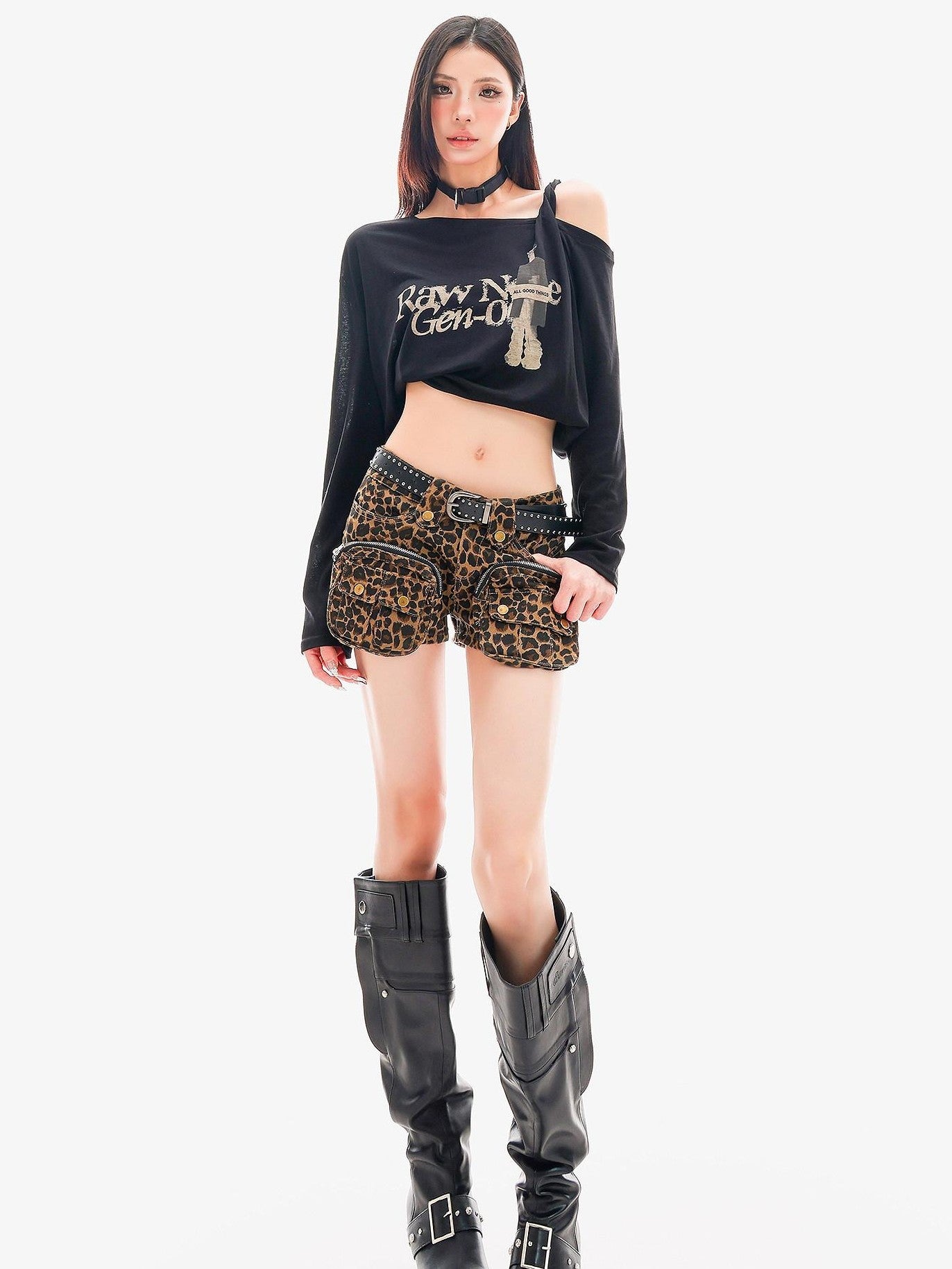 QIUQIU STUDIO Leopard Print Cargo Pocket Zipper Slim Fit Tight Women&