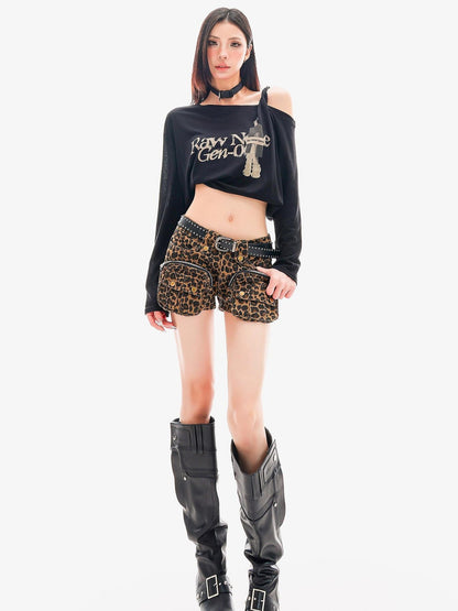 QIUQIU STUDIO Leopard Print Cargo Pocket Zipper Slim Fit Tight Women&