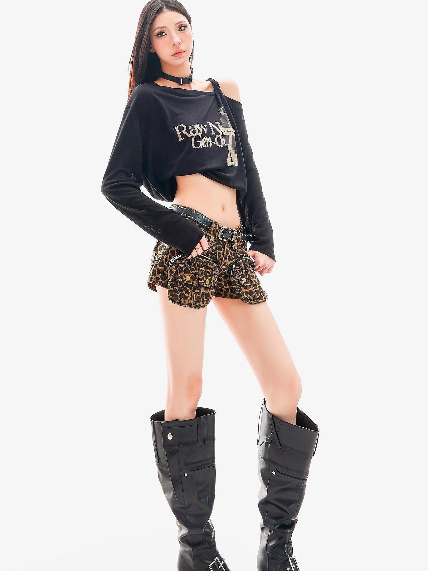 QIUQIU STUDIO Leopard Print Cargo Pocket Zipper Slim Fit Tight Women&