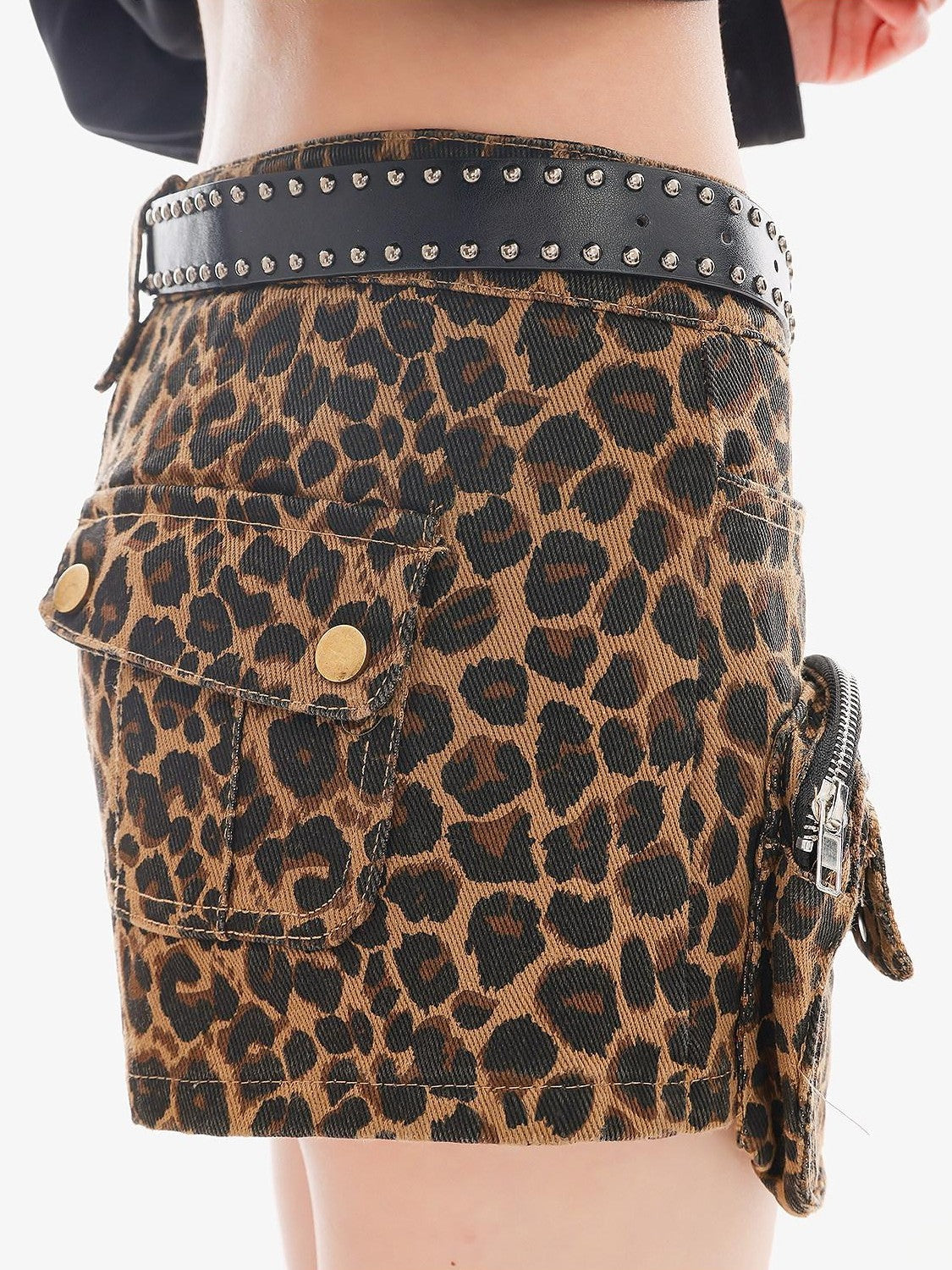 QIUQIU STUDIO Leopard Print Cargo Pocket Zipper Slim Fit Tight Women&