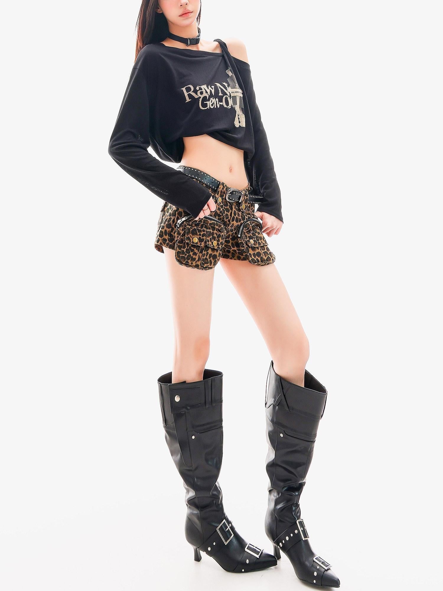 QIUQIU STUDIO Leopard Print Cargo Pocket Zipper Slim Fit Tight Women&
