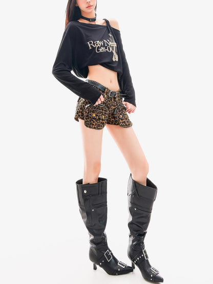 QIUQIU STUDIO Leopard Print Cargo Pocket Zipper Slim Fit Tight Women&