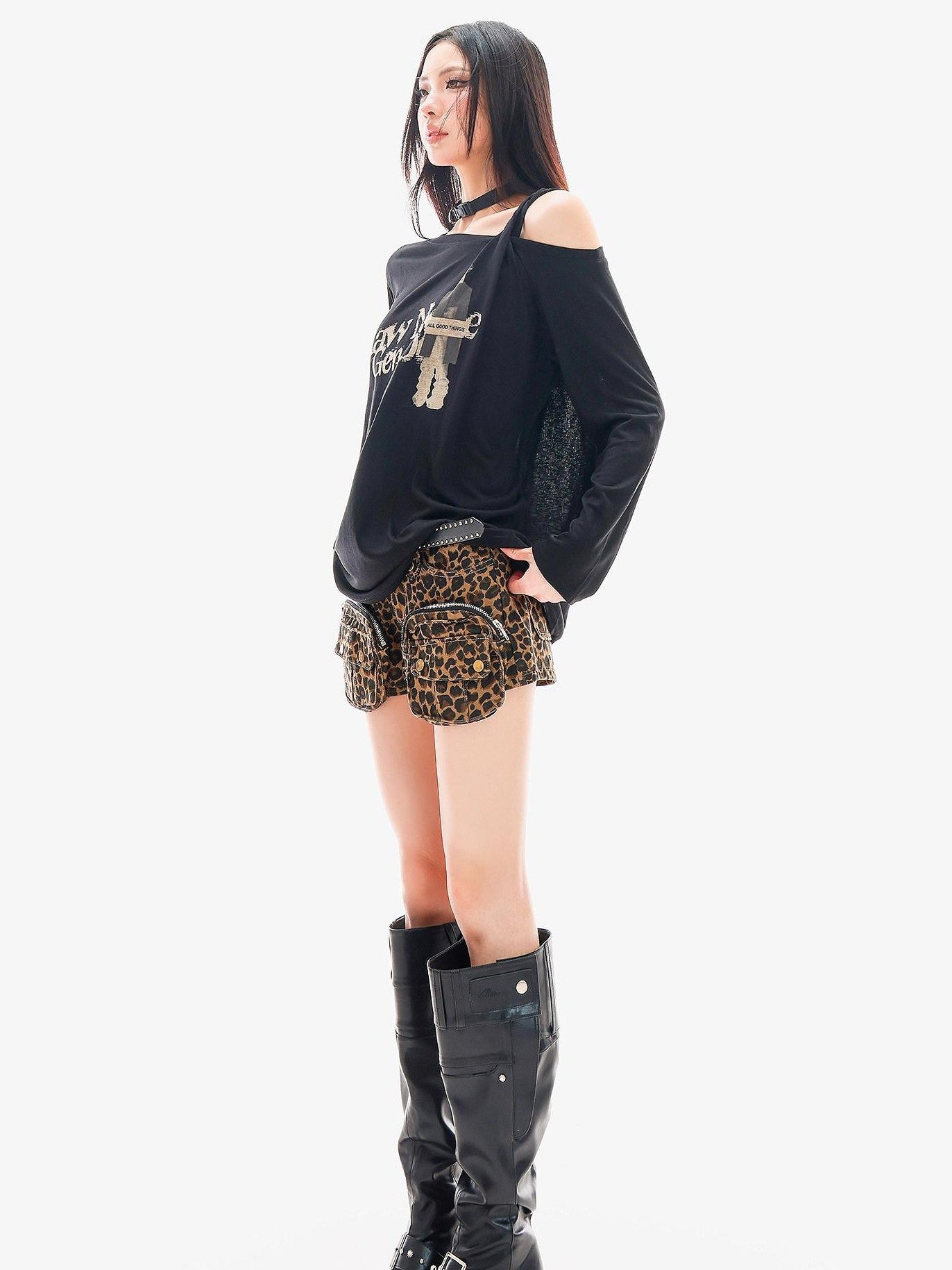 QIUQIU STUDIO Leopard Print Cargo Pocket Zipper Slim Fit Tight Women&