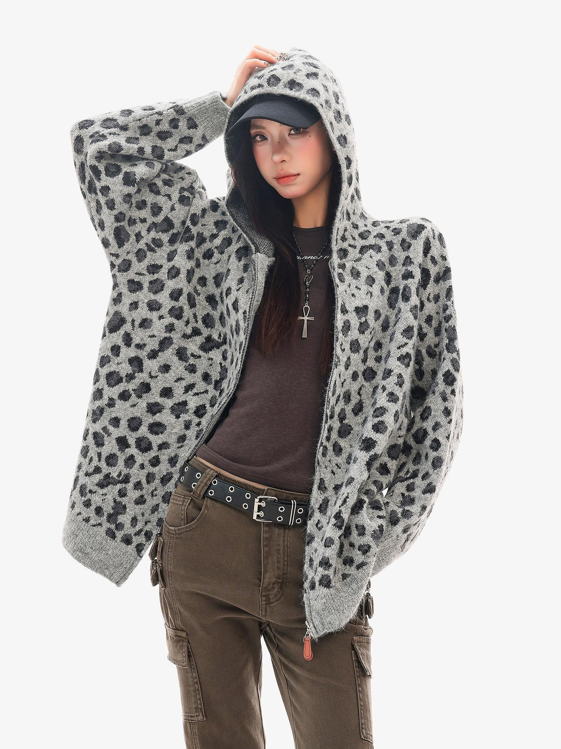 QIUQIU STUDIO Leopard Print Chain Detail Hooded Loose Women&
