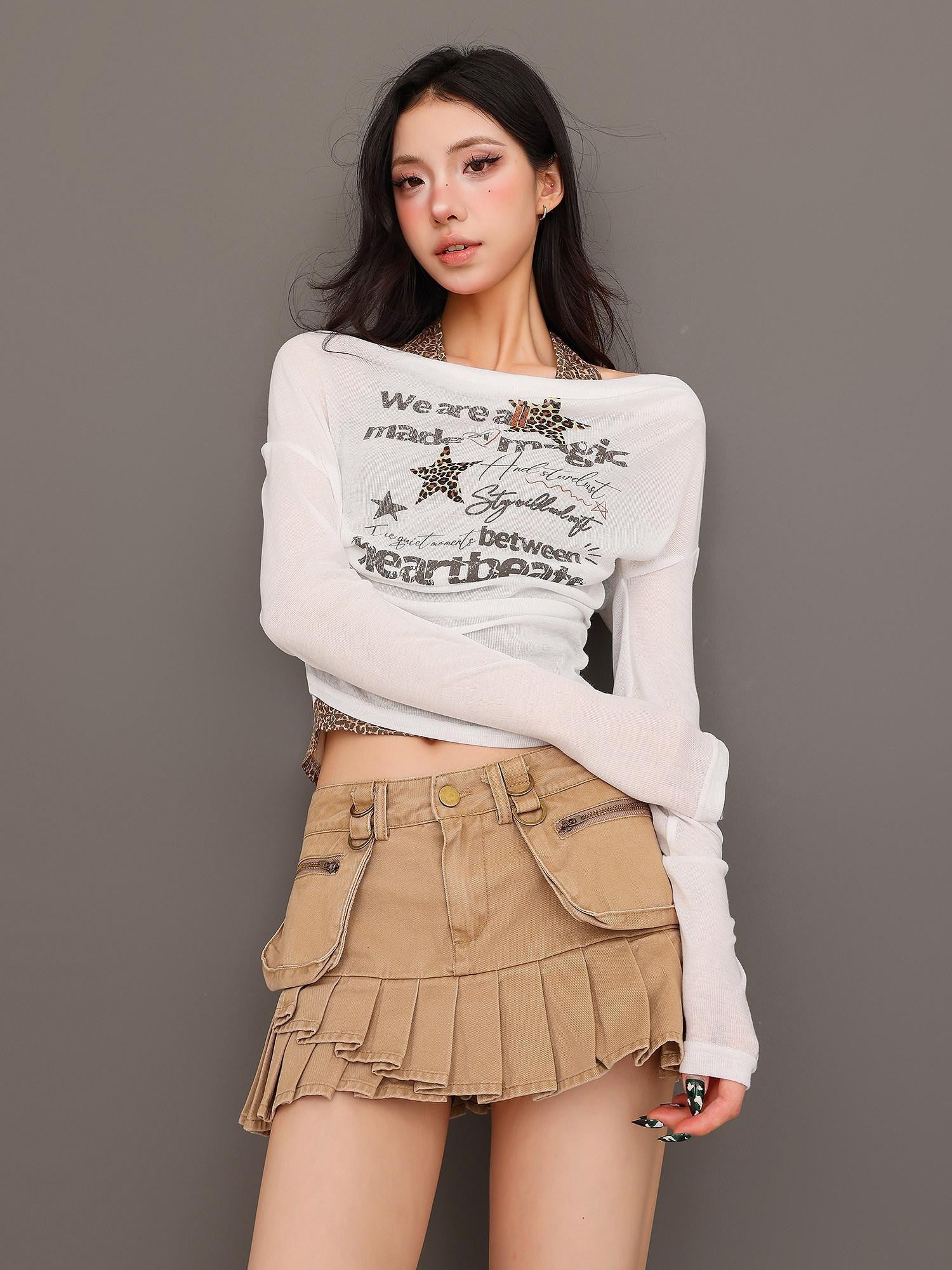 QIUQIU STUDIO Leopard Print Faux Two Piece Halter Crop Slim Women&