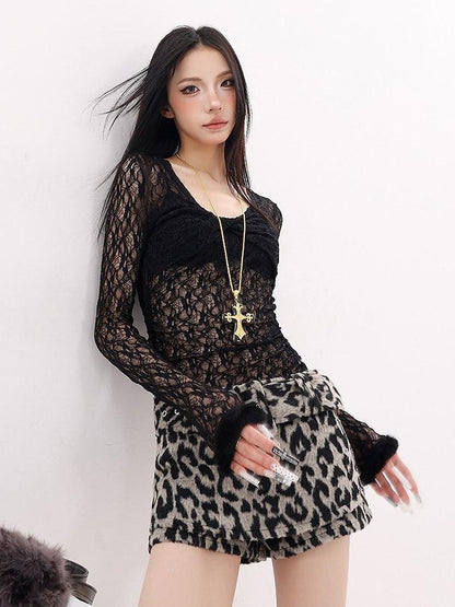 QIUQIU STUDIO Leopard Print Faux Two Piece Mid Waist Slim Hip Hugging Women&