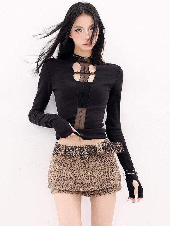 QIUQIU STUDIO Leopard Print Faux Two Piece Mid Waist Slim Hip Hugging Women&