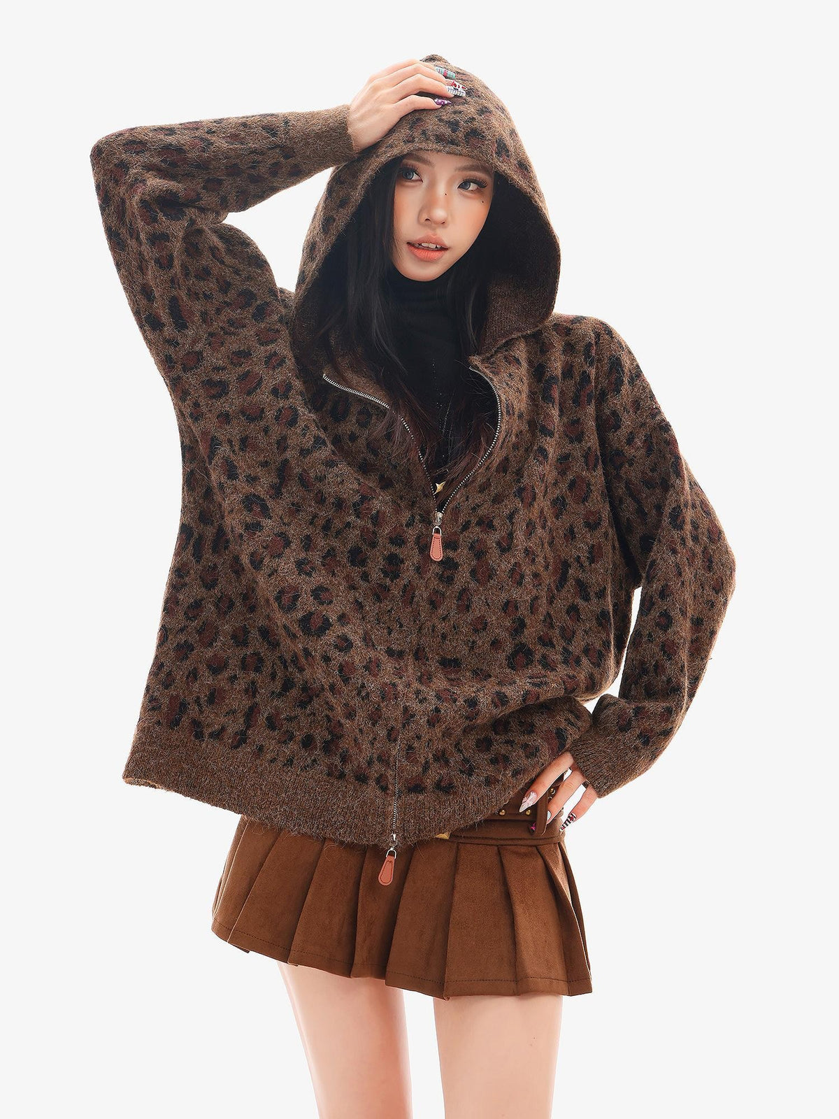 QIUQIU STUDIO Leopard Print Hooded Zip Up Loose Fit Women&