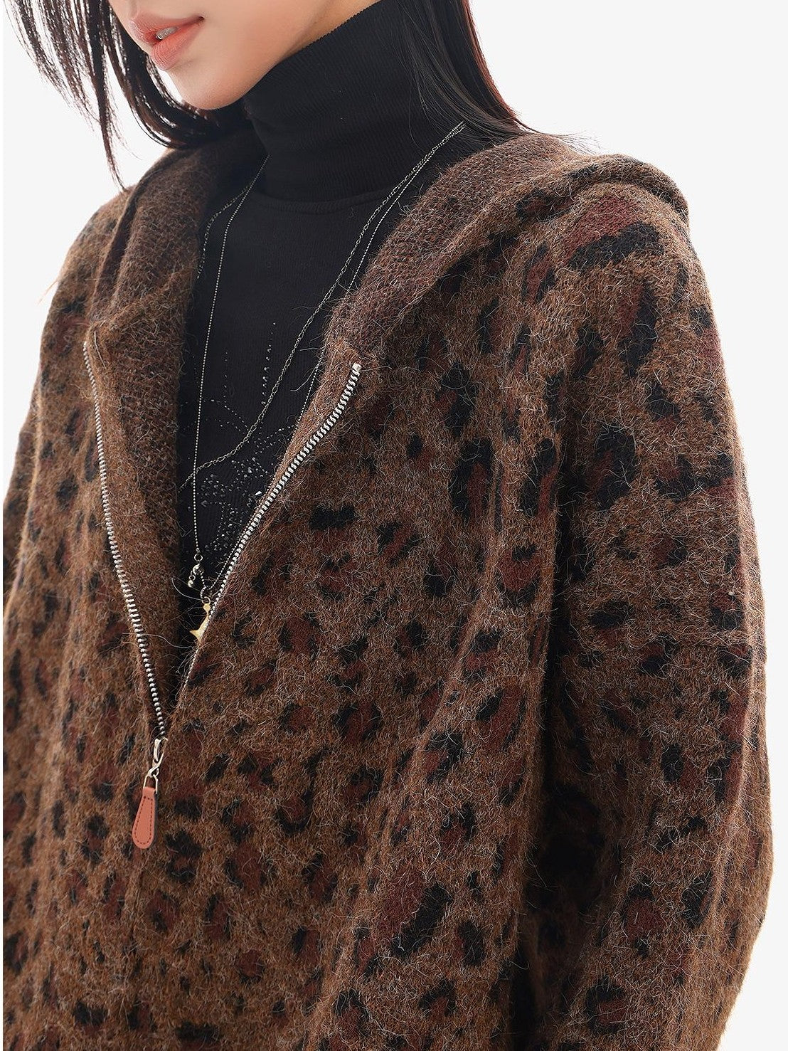 QIUQIU STUDIO Leopard Print Hooded Zip Up Loose Fit Women&