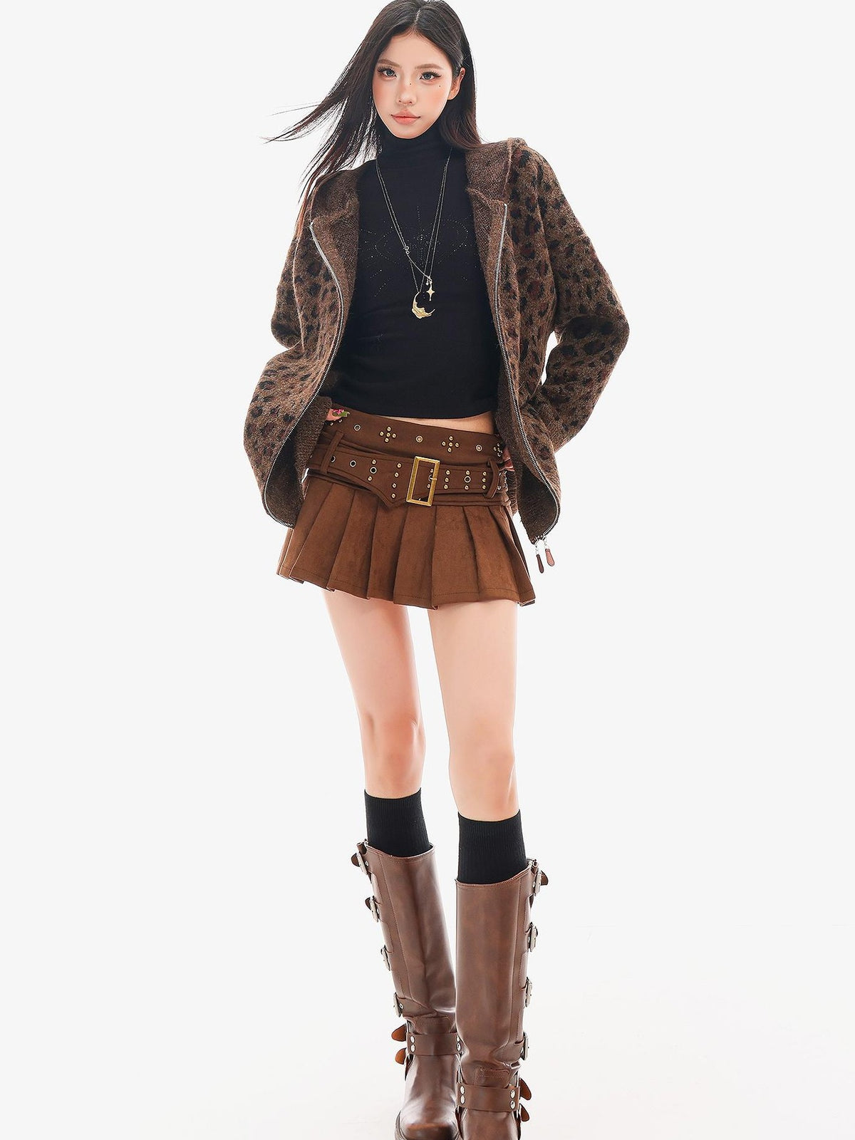 QIUQIU STUDIO Leopard Print Hooded Zip Up Loose Fit Women&