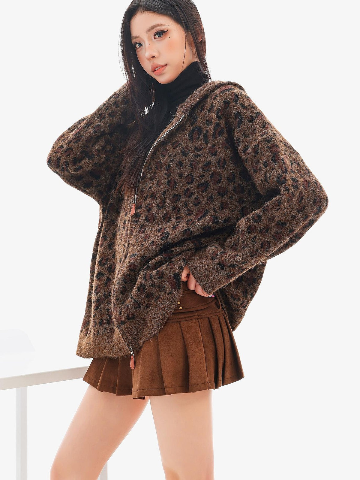 QIUQIU STUDIO Leopard Print Hooded Zip Up Loose Fit Women&