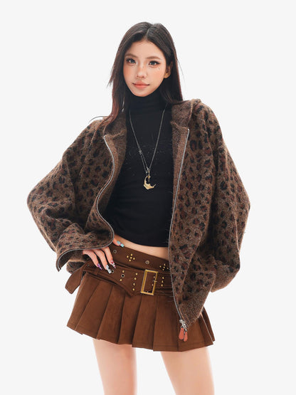 QIUQIU STUDIO Leopard Print Hooded Zip Up Loose Fit Women&