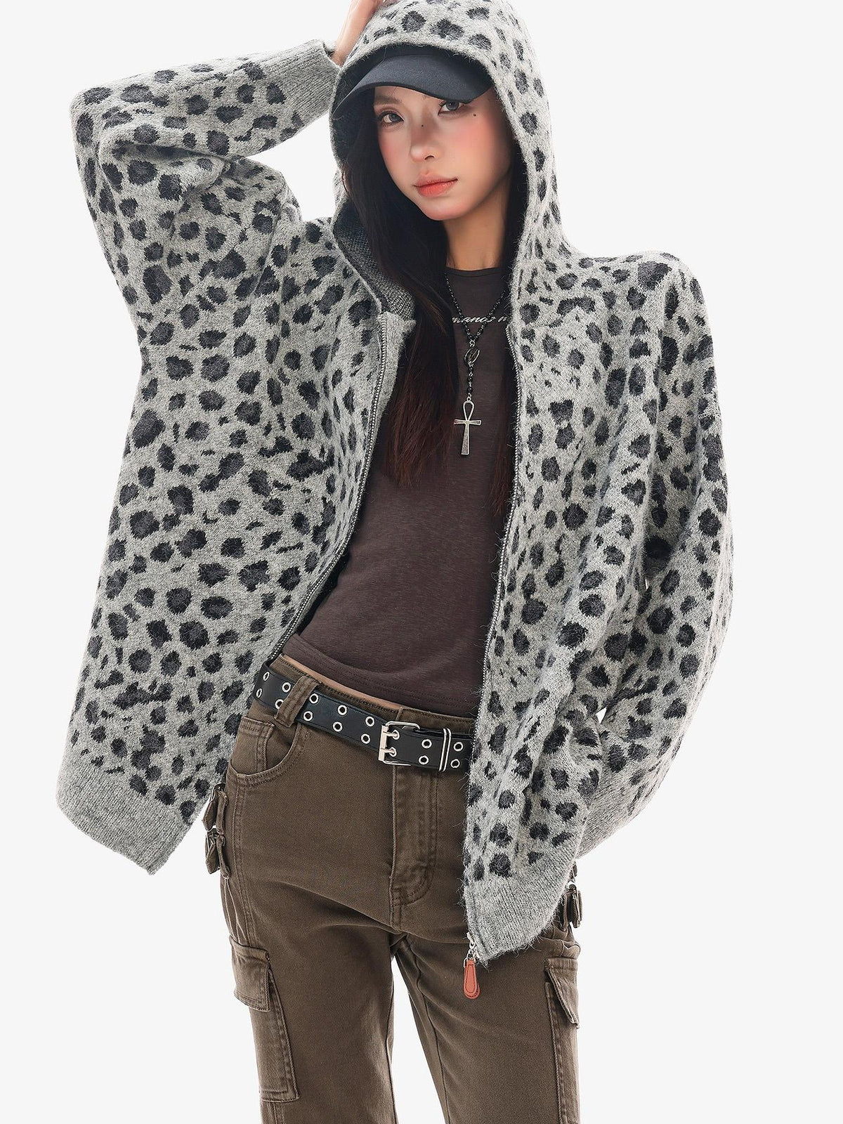 QIUQIU STUDIO Leopard Print Hooded Zip Up Loose Fit Women&