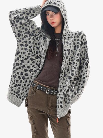 QIUQIU STUDIO Leopard Print Hooded Zip Up Loose Fit Women&