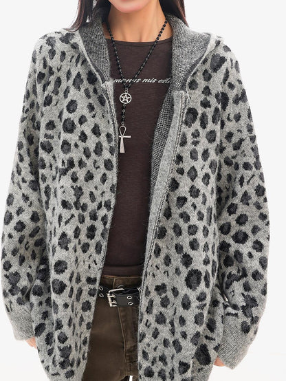 QIUQIU STUDIO Leopard Print Hooded Zip Up Loose Fit Women&