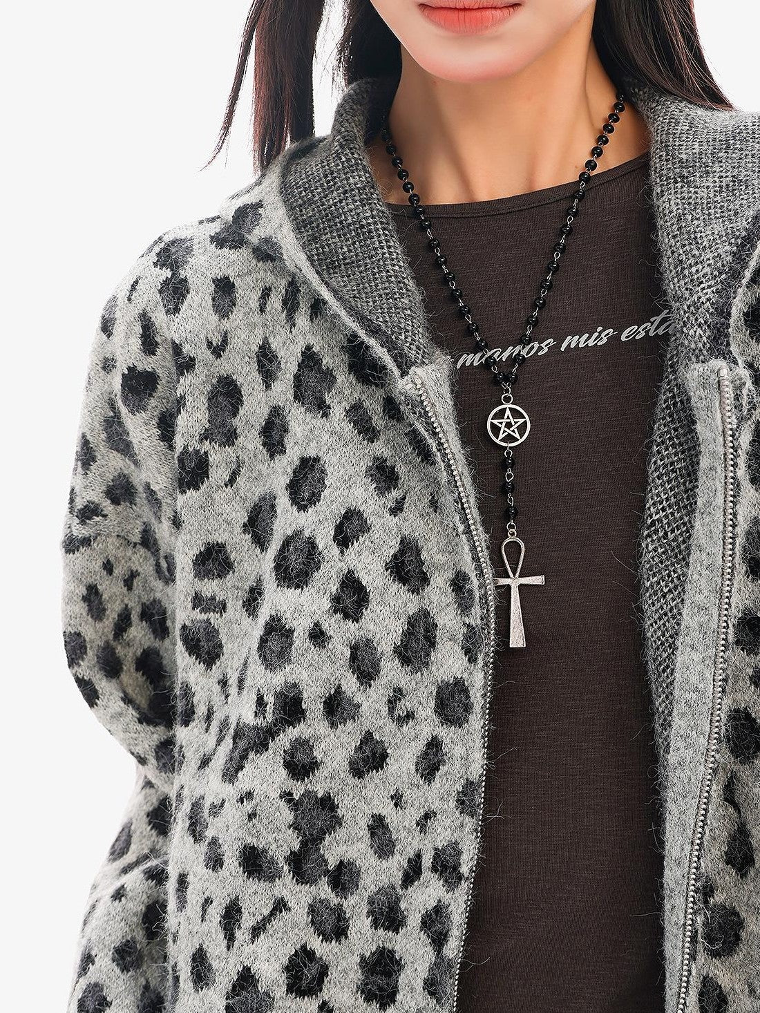 QIUQIU STUDIO Leopard Print Hooded Zip Up Loose Fit Women&