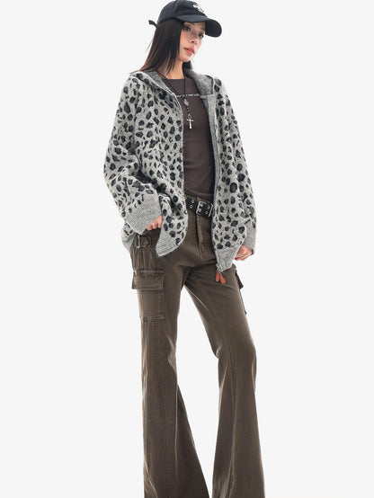 QIUQIU STUDIO Leopard Print Hooded Zip Up Loose Fit Women&