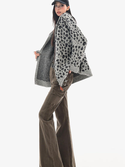 QIUQIU STUDIO Leopard Print Hooded Zip Up Loose Fit Women&