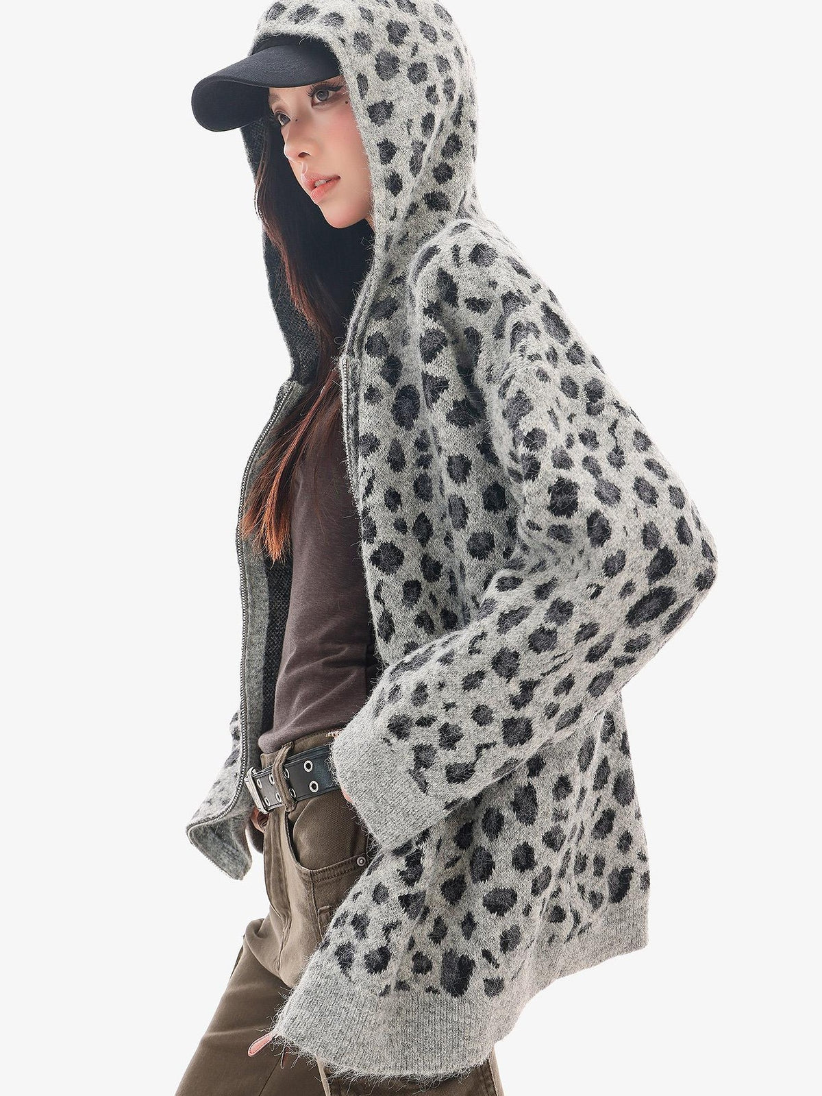 QIUQIU STUDIO Leopard Print Hooded Zip Up Loose Fit Women&