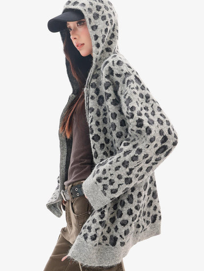QIUQIU STUDIO Leopard Print Hooded Zip Up Loose Fit Women&