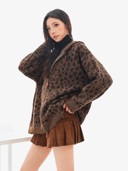 QIUQIU STUDIO Leopard Print Hooded Zip Up Loose Fit Women&