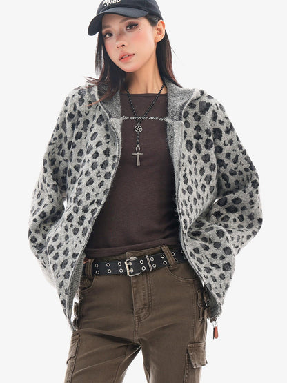 QIUQIU STUDIO Leopard Print Hooded Zip Up Loose Fit Women&