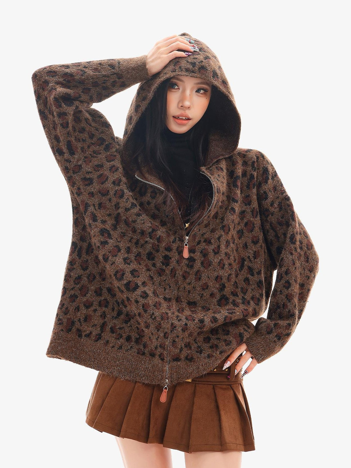 QIUQIU STUDIO Leopard Print Hooded Zip Up Loose Fit Women&