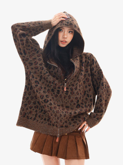 QIUQIU STUDIO Leopard Print Hooded Zip Up Loose Fit Women&