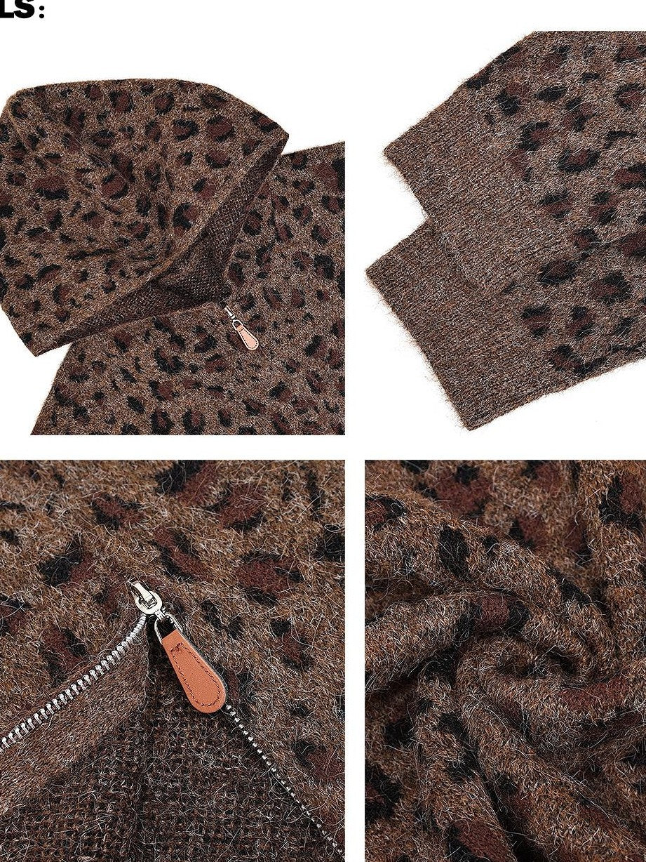 QIUQIU STUDIO Leopard Print Hooded Zip Up Loose Fit Women&