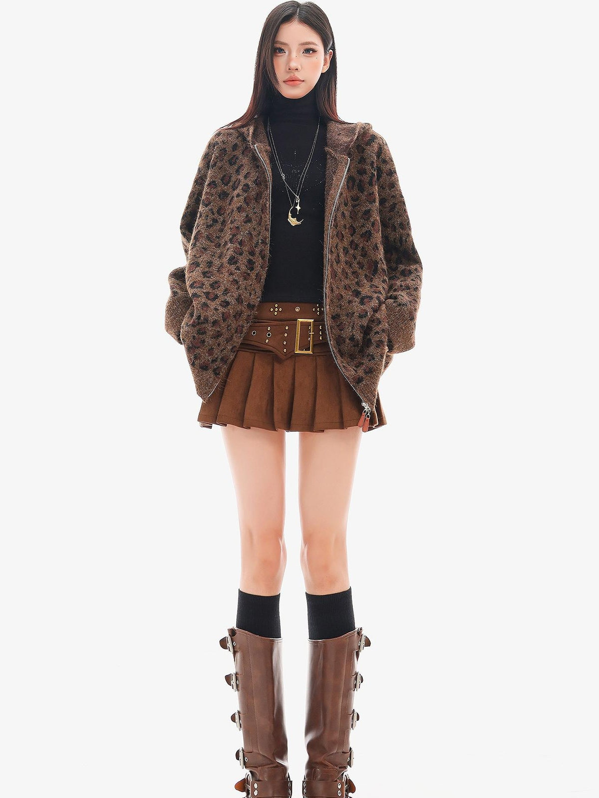QIUQIU STUDIO Leopard Print Hooded Zip Up Loose Fit Women&