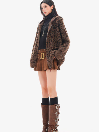 QIUQIU STUDIO Leopard Print Hooded Zip Up Loose Fit Women&