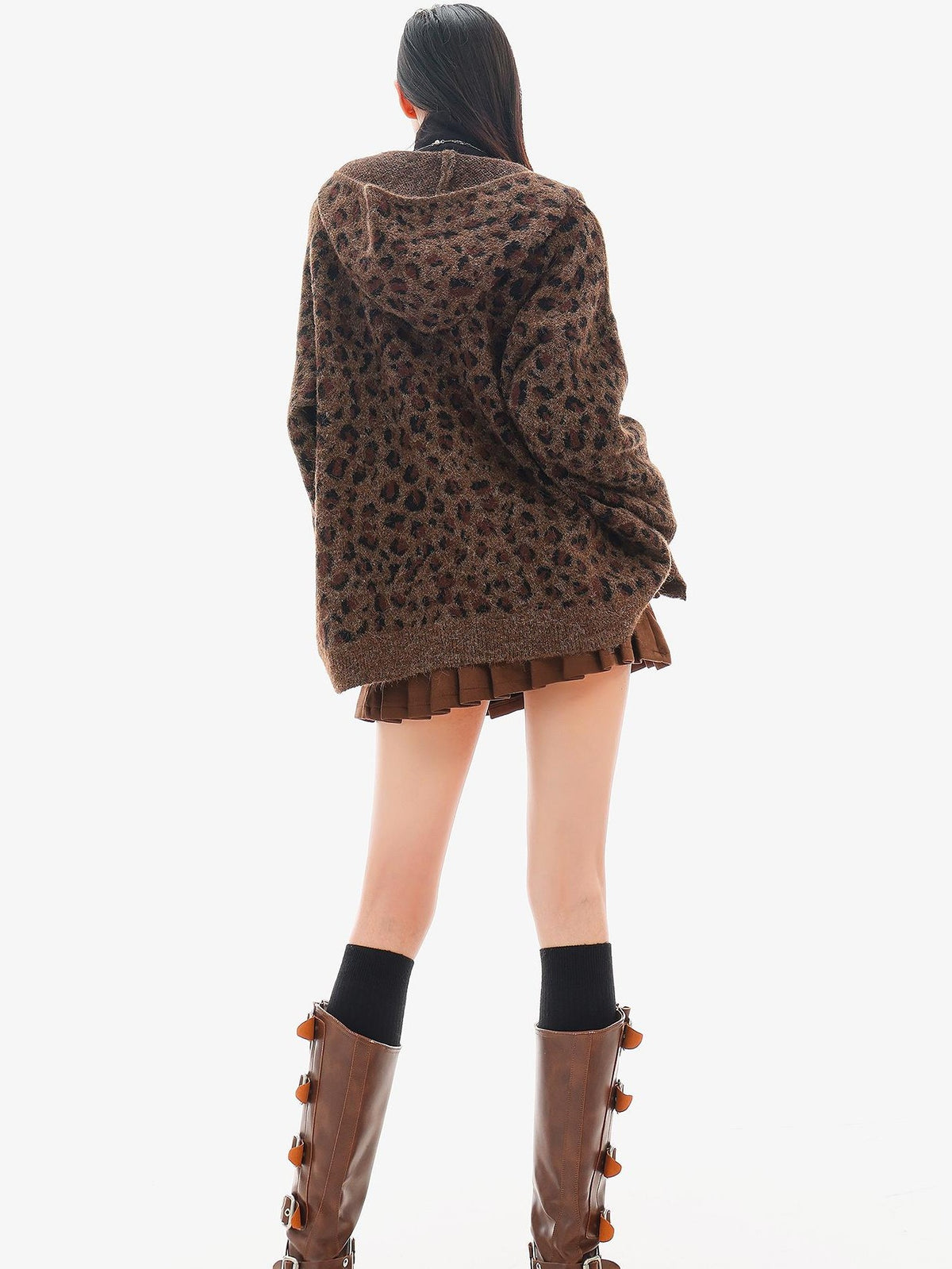QIUQIU STUDIO Leopard Print Hooded Zip Up Loose Fit Women&