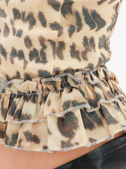 QIUQIU STUDIO Leopard Print Off Shoulder Ribbon Tie Slim Fit Two Piece Women&